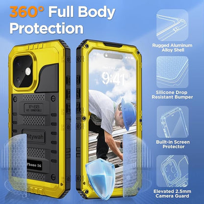 Mitywah Waterproof Case for iPhone 16, Shockproof Heavy Duty Case with Built-in Screen Protector, Underwater Full Body Protective Metal Case 6.1 inch, Yellow