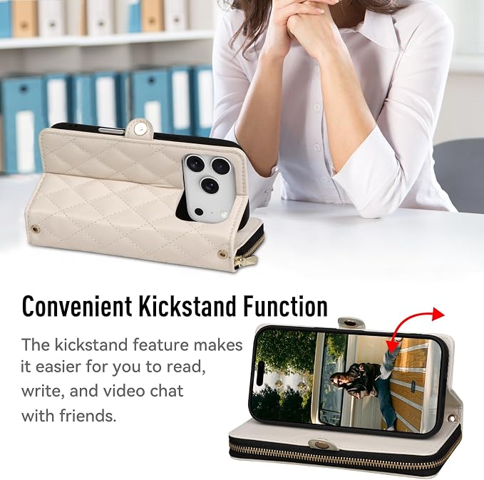 Rssviss Crossbody Case for iPhone 17 Pro Case Wallet, RFID Blocking Leather with Card Holder Kickstand, Handbag Zipper Flip Cover with Wrist Strap for iPhone 17 Pro Men Women 6.3", White