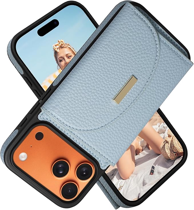 Keallce Wallet Case for iPhone 17 Pro Max 6.9'', Flip Case with RFID Blocking Card Holder Slots Kickstand, PU Leather Protective Folio Cover for Women, Blue