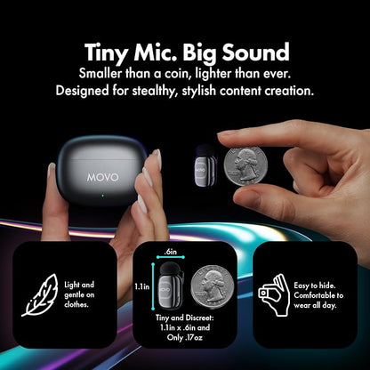 Movo NanoMic Wireless Lavalier Microphone for Camera – Clip-On TRS Wireless Mic System for DSLR, Camcorders, and Mirrorless Cameras – Dual Microphones with Charging Case for Video, Interviews