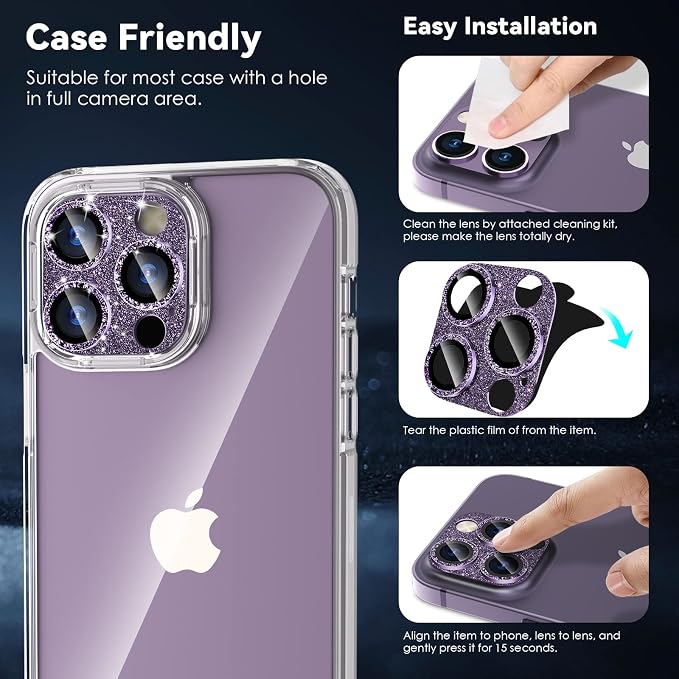 CloudValley for iPhone 14 Pro/iPhone 14 Pro Max Glitter Camera Lens Protector, 9H Tempered Glass [All in 1 Design], Case Friendly Anti-Scatch High Definition, GlitterPurple
