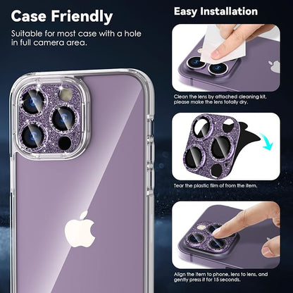 CloudValley for iPhone 14 Pro/iPhone 14 Pro Max Glitter Camera Lens Protector, 9H Tempered Glass [All in 1 Design], Case Friendly Anti-Scatch High Definition, GlitterPurple