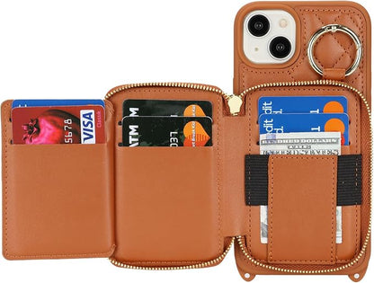 Crossbody Wallet Case for iPhone 14 Plus, PU Leather Zipper Handbag Purse Flip Cover, Kickstand Folio Case with Card Slots Holder Wrist Strap Lanyard 5G 6.7 Inch-Brown
