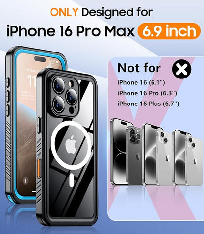 Temdan Magnetic for iPhone 16 Pro Max Case Waterproof,Built-in Screen Protector[IP68 Underwater][Upgrade Military Dropproof][Compatible with MagSafe] Full Body Shockproof Case-Blue