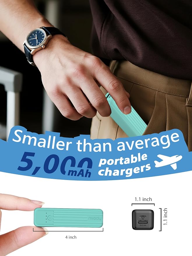 Miady 2-Pack Small Portable Charger 5000mAh Power Bank Travel Battery Pack | Dual USB丨Pocket Size丨Lightweight丨for Backpack丨Compatible with iPhone Android丨18.5Wh丨Flight-Safe丨Ultra-Compact丨Green+Purple