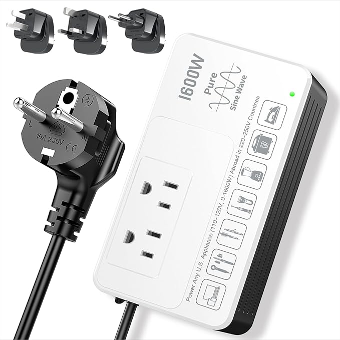 1600W 220V to 110V Converter Power Any U.S. Appliance in 220-250V Countries | Pure Sine Wave Voltage Converter US to Europe International Travel, Plug & Play, No Limitations, Surge Protected