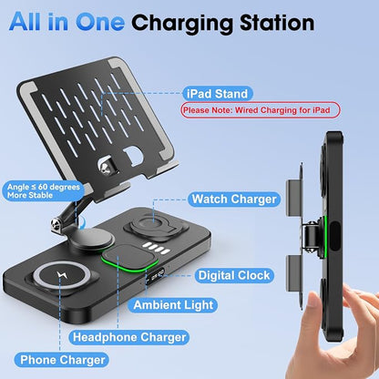 6 in 1 Wireless Charger for Apple Multiple Devices, Charging Station with Clock &7 Color Ambient Light, Foldable Rotate Stand for iPad, for iPhone17/16/15, Support for Apple Watch11/10 For AirPods4