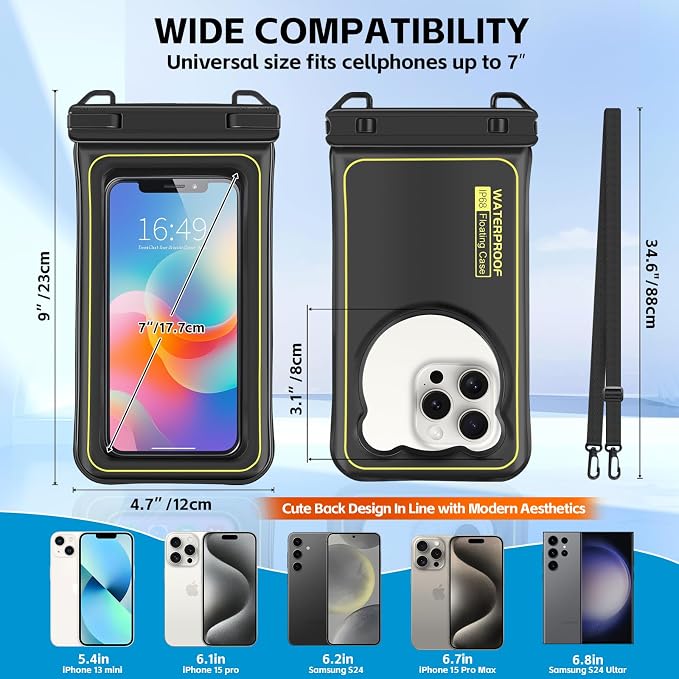 IP68 Waterproof Phone Pouch Up to 6.8", Floating Waterproof Phone Case for iPhone 15 14 13 Pro Max, Galaxy S24 S23 S22 Ultra, Cellphone Dry Bag Cruise Beach Essential, Black
