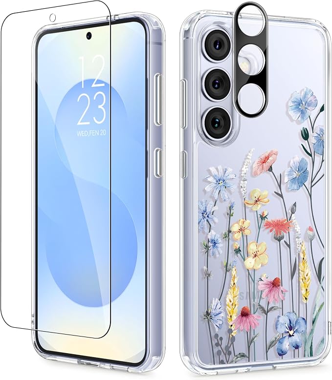 GVIEWIN for Samsung Galaxy S25 Plus Case, Clear Floral Slim Shockproof Protective Women Phone Case, Non-Yellowing, with Screen Protector & Camera Lens Protector for S25 Plus 6.7", Aconite/Light Blue | Non Yellowing, Clear, Floral, Hard
