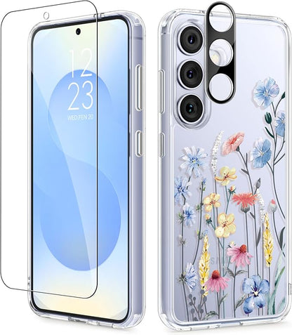 GVIEWIN for Samsung Galaxy S25 Plus Case, Clear Floral Slim Shockproof Protective Women Phone Case, Non-Yellowing, with Screen Protector & Camera Lens Protector for S25 Plus 6.7", Aconite/Light Blue | Non Yellowing, Clear, Floral, Hard