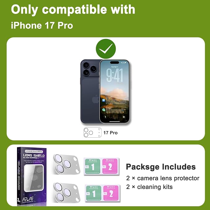 2-Pack Shatterproof Camera Lens Protector for iPhone 17 Pro |AR Tempered Glass Strong Adsorption Metal Camera Cover Screen(Silvery)
