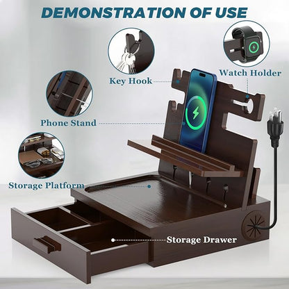 Nightstand Organizer for Men with Drawer Wood Docking Station with USB Ports and AC Outlets, Gifts for Men, Holds Phone, Tablet, Keys, Glasses, Earphones Etc（Brown）