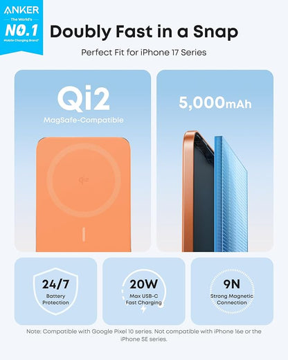 Anker Nano MagSafe Power Bank, Ultra-Slim 5,000mAh Magnetic Wireless Charging Battery, Qi2 Certified 15W Max MagSafe-Compatible Portable Charger, Ergonomic Design, for iPhone Air/17/16 Series