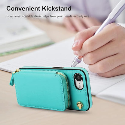 Bocasal Crossbody Wallet Case for iPhone 17e/16e, RFID Blocking Leather Purse Case with Card Holder, Protective Handbag Flip Cover with Zipper Wrist Strap Lanyard for Women 5G 6.1 Inch (Mint Green)