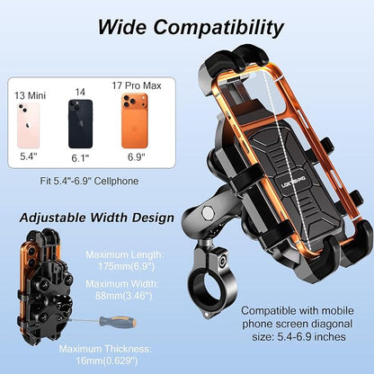 LOKTENWO Anti-Theft Motorcycle Phone Mount with Vibration Dampener [Metal Adjustment Arm] Aluminum Alloy Mounting Base, Anti-Shake Motorcycle Cellphone Holder for ATV Scooter for 5.4"-6.9" Phones