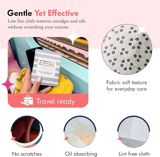 Well-Kept Tech & Lens Wipes - Eyeglass, Screen & Phone Cleaning, Multi-Surface, Lint-Free, Pre Moistened, Streak-Free & Non Scratching - Hamptons, 6 Pack (90 Count)