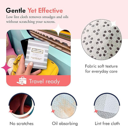Well-Kept Tech & Lens Wipes - Eyeglass, Screen & Phone Cleaning, Multi-Surface, Lint-Free, Pre Moistened, Streak-Free & Non Scratching - Hamptons, 6 Pack (90 Count)
