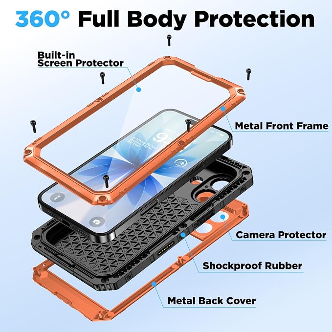 Beasyjoy for iPhone 17 Case Waterproof, Heavy Duty Metal Full Body Protection, Built-in Screen Protector, Military Grade Shockproof Dustproof Rugged Cover for iPhone 17 6.3 inch, Orange