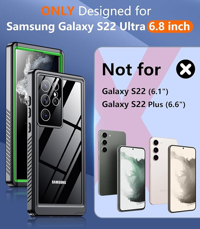 Temdan for Samsung Galaxy S22 Ultra Case,Waterproof Built-in Lens & Screen Protector[Full Body Shockproof][12 FT Military Drop Proof][Dustproof][IP68 Underwater] Case for S22 Ultra 5G 6.8”-Green