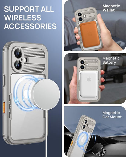 Lanhiem Magnetic for iPhone 16 Case, IP68 Waterproof Dustproof Case, [Compatible with Magsafe] [Built-in Screen Protector] Full Body Heavy Duty Rugged Phone Cover 6.1 inch, Natural