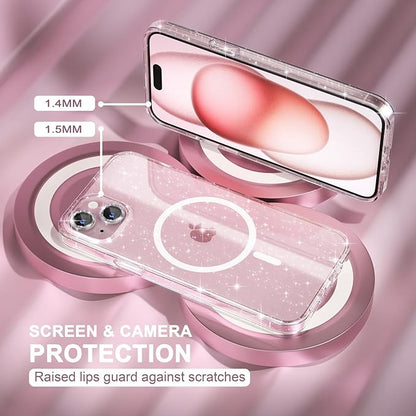 Choiche Compatible for iPhone 15 Case Magnetic, Women Clear Glitter Bling Sparkly Case, [2xDiamond Camera Lens Protectors] [2xTempered Glass Screen Protectors] [Compatible MagSafe] (Glitter Clear)