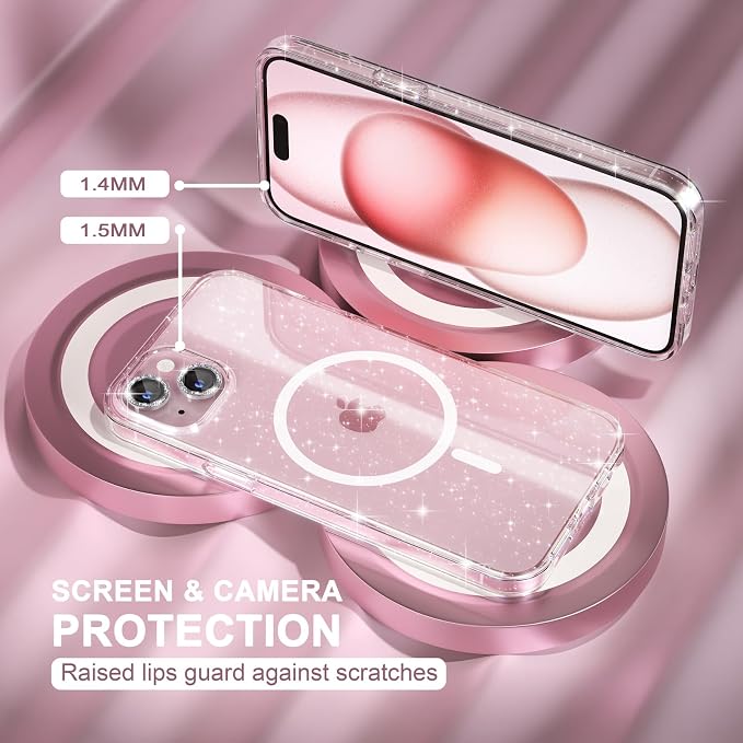 Choiche Compatible for iPhone 15 Plus Case Magnetic, Women Clear Glitter Sparkly Case, [2xDiamond Camera Lens Protectors] [2xTempered Glass Screen Protectors] [Compatible MagSafe] (Glitter Clear)