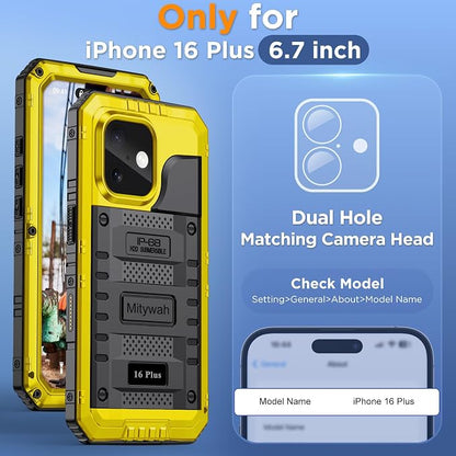 Mitywah Waterproof Case for iPhone 16 Plus, Shockproof Heavy Duty Case with Built-in Screen Protector, Underwater Full Body Protective Metal Case 6.7 inch, Yellow