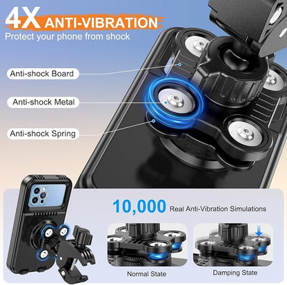 HUANLANG Motorcycle Phone Mount Anti Vibration, Waterproof Bike Phone Mount for Bicycles, Scooters, ATVs,[Dual Vibration Dampener][Upgraded Handlebar Clip] Motorcycle Phone Holder for 4-7" Cell Phones