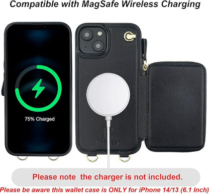 Bocasal for MagSafe Crossbody Wallet Case Compatible with iPhone 14 iPhone 13, RFID Blocking Protective Purse Case with Card Slots Holder Kickstand Wrist Strap Lanyard Zipper 6.1 Inch 5G (Black)
