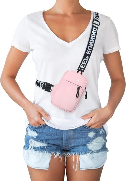 Peicees Mini Crossbody Sling Bag Chest Bag Dual Pocket Water Resistant Fanny Pack Running Phone Holder for Men Women Workout Travel, Pink