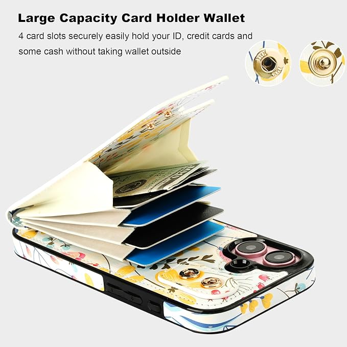 HAOPINSH for iPhone 16 Wallet Case with Card Holder, 360°Rotation Ring Kickstand, Floral Flower Pattern, RFID Blocking Leather for Girls Women, Double Buttons Protective Cover 6.1"