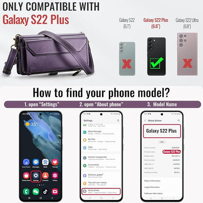 Strapurs Crossbody Wallet Case Compatible with Samsung Galaxy S22 Plus RFID Blocking Card Holder Soft PU Leather Magnetic Snap Strap Zipper Pocket Phone Case Fit for Galaxy S22+/ S22 Plus - Purple