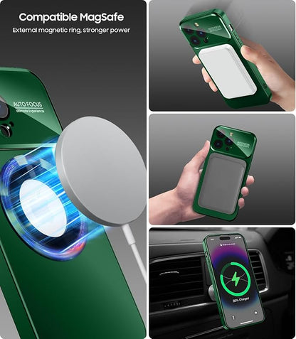 Magnetic for iPhone 15 Pro Max Case, Compatible with MagSafe, Built-in Camera Lens Protector, Logo View, Military Grade Drop Proof Phone Cover, Green