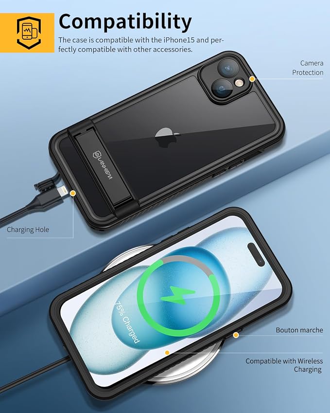 Lanhiem for iPhone 15 Case with Kickstand, IP68 Waterproof Dustproof Built-in Screen Protector, Full Body Shockproof Protective Front and Back Cover for iPhone 15, 6.1 Inch (Black)