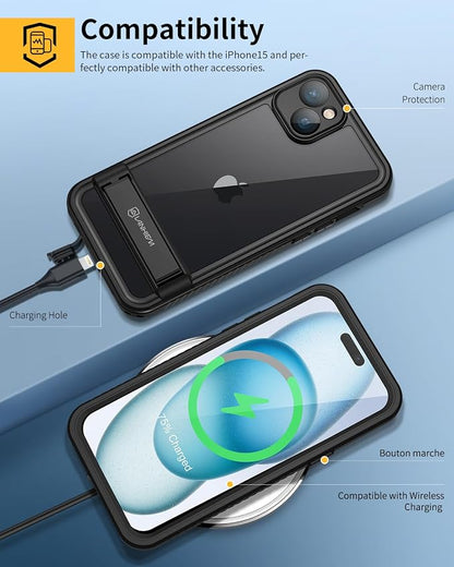 Lanhiem for iPhone 15 Case with Kickstand, IP68 Waterproof Dustproof Built-in Screen Protector, Full Body Shockproof Protective Front and Back Cover for iPhone 15, 6.1 Inch (Black)