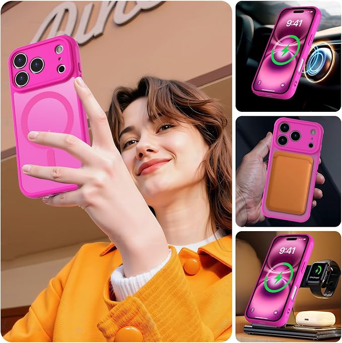 MOCCA Magnetic for iPhone 17 Pro Case, (Compatible with Magsafe) (16FT Military Grade Protection) Full Camera Protection Anti-Fingerprint Slim Translucent Matte Phone Cover 6.3",Hot Pink