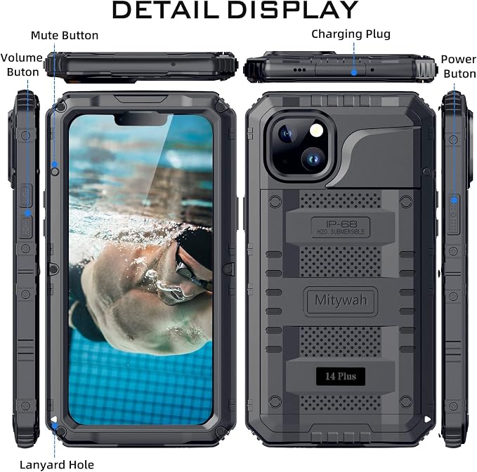 Mitywah Waterproof Case for iPhone 14 Plus, Heavy Duty Shockproof Case with Built-in Screen Protector, Full Body Underwater Protective Metal Case 6.7 inch, Black