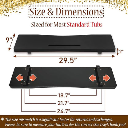 Stylish Black Bamboo Bathtub Tray Caddy with Adjustable Legs, Minimalistic Design Bath Tray for Tub, Bathtub Accessories, Fit Standard and Against Wall Bath Tubs, Gift Idea for Women