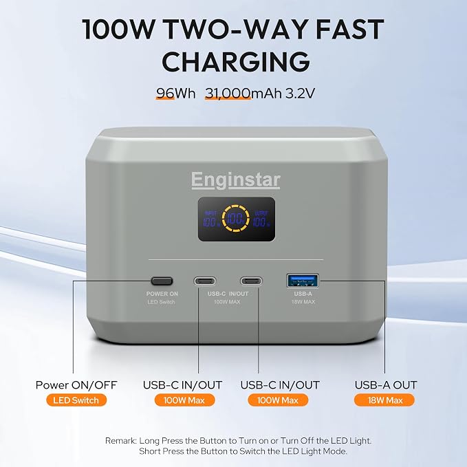 Enginstar Portable Power Station,Outdoor 96Wh LiFePO4 Battery,Solar Generator 100W Two-Way Fast Charging,Power bank for Camping, Traveling, Party and Emergencies