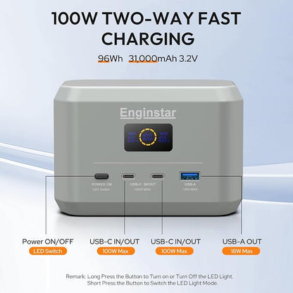 Enginstar Portable Power Station,Outdoor 96Wh LiFePO4 Battery,Solar Generator 100W Two-Way Fast Charging,Power bank for Camping, Traveling, Party and Emergencies