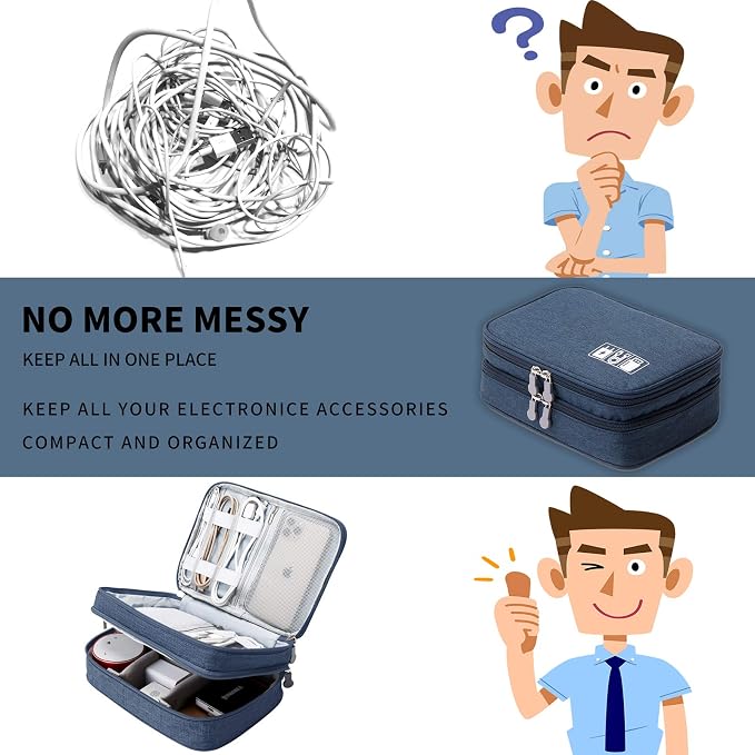 mygreen Electronic Accessories Organizer Bag, Waterproof Double Layer Travel Storage Case with Adjustable Padded Dividers, Portable Hard Pouch for Cables, Charger, Power Bank, Phone, Hard Drive Blue