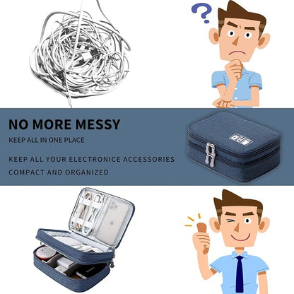 mygreen Electronic Accessories Organizer Bag, Waterproof Double Layer Travel Storage Case with Adjustable Padded Dividers, Portable Hard Pouch for Cables, Charger, Power Bank, Phone, Hard Drive Blue
