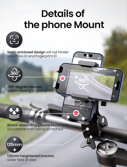 Bike Phone Holder, Geyrut Handlebar Phone Mount [No Block Camera] for Electric Scooter Mountain Dirt Bike and Motorcycle Compatible with 4.7''-7.1'' Smart Phone