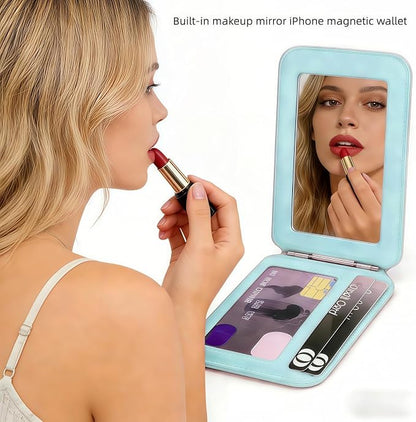 Upgraded for Magsafe Wallet, Strong Magnetic Phone Wallet with Adjustable Stand, Built in Makeup Mirror, 5 Card Holder, Rfid Blocking (Cyan fold)