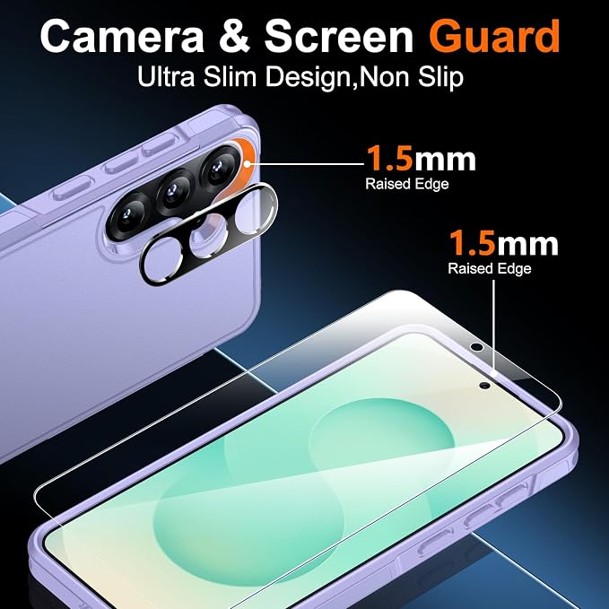 SPIDERCASE Designed for Samsung Galaxy S25 Case, [10 FT Military Grade Drop Protection], 2 Pack [Tempered Glass Screen Protector+Camera Lens Protector] Heavy Duty Shockproof Case, Purple