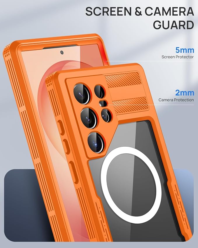 Lanhiem Magnetic for Samsung Galaxy S26 Ultra Case, IP68 Waterproof Dustproof Case, [Compatible with Magsafe] [Built-in Lens & Screen Protector] Full Body Shockproof Rugged Phone Case 6.9 inch, Orange