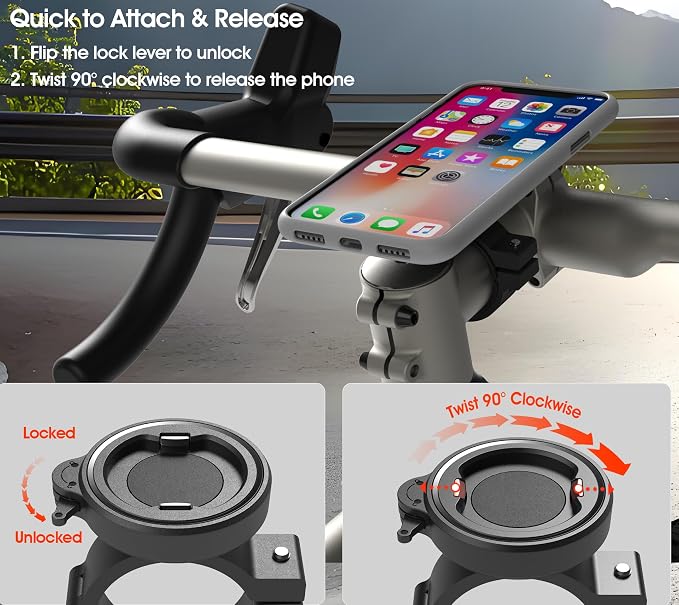 Bike Phone Mount - Stable Aluminium Bicycle Handlebar/Stem Phone Holder with Secure Dual-Lock, 1-Hand Quick Release for 4-7.3 inch Cell-Phones, Cycling Clamp Fit E-Scooter, MTB, Mountain, Road Bikes