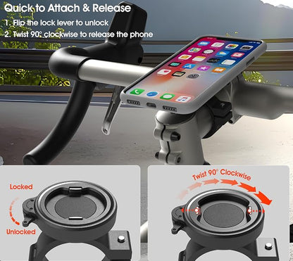 Bike Phone Mount - Stable Aluminium Bicycle Handlebar/Stem Phone Holder with Secure Dual-Lock, 1-Hand Quick Release for 4-7.3 inch Cell-Phones, Cycling Clamp Fit E-Scooter, MTB, Mountain, Road Bikes