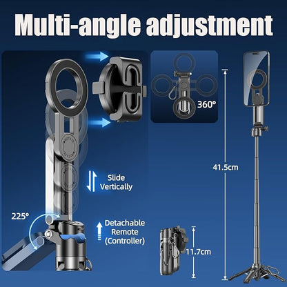 4 in 1 Magnetic Tripod Pocket Selfie Stick Extendable Cell Phone Stand Portable Camera Grip Handle with Wireless Detachable Remote Control for Photograph/Live Streaming/Video/Travel (Black)