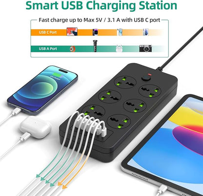 Power Strip with 6 Universal Outlets 4 USB 2 USB C Ports, 3.1A, Overload Protection, 3000w, 110-240v, International Power Adapter for Home Office Travel Essentials, EU Plug, Black